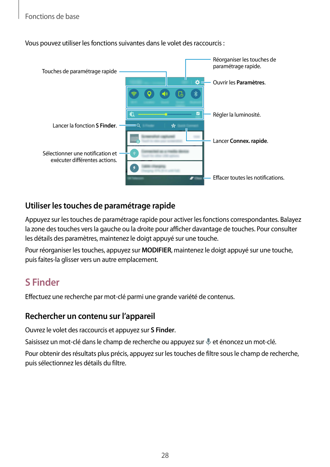Samsung SM-G920FZWAXEF manual S Finder, Utiliser les touches de paramétrage rapide, Rechercher un contenu sur l’appareil 