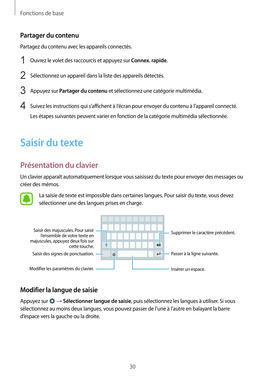 Samsung SM-G920FZBAXEF manual Saisir du texte, Présentation du clavier, Partager du contenu, Modifier la langue de saisie 