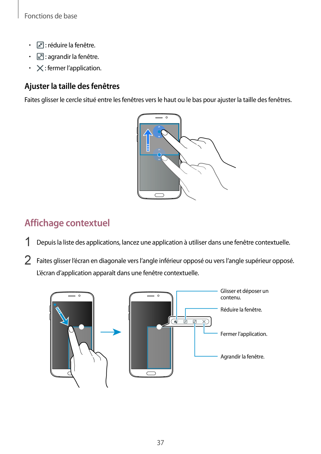 Samsung SM-G920FZKAXEF, SM-G920FZWAXEF manual Affichage contextuel, Ajuster la taille des fenêtres, Fonctions de base 