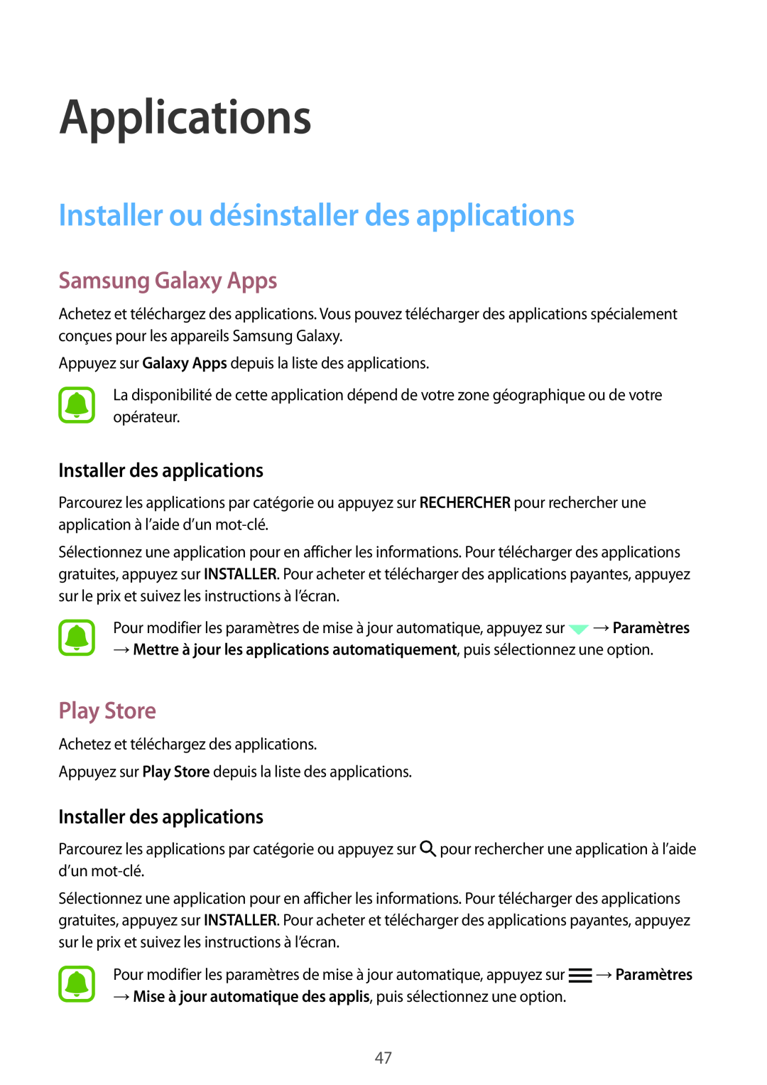 Samsung SM-G920FZDAXEF manual Applications, Installer ou désinstaller des applications, Samsung Galaxy Apps, Play Store 