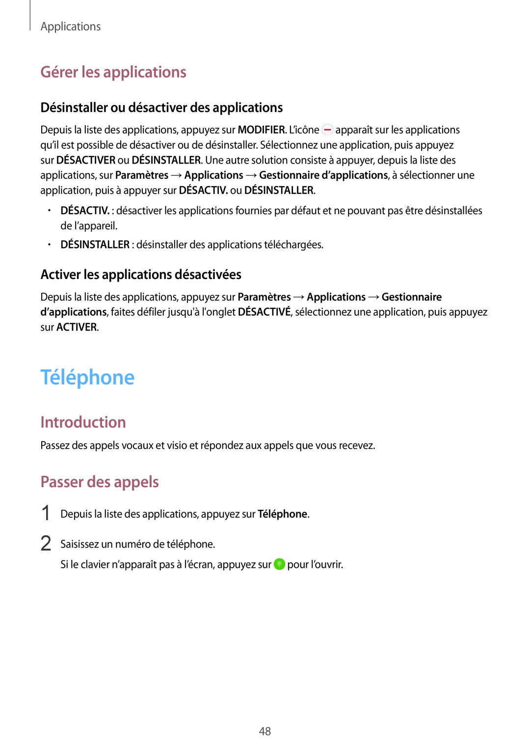 Samsung SM-G920FZWAXEF Téléphone, Gérer les applications, Passer des appels, Désinstaller ou désactiver des applications 