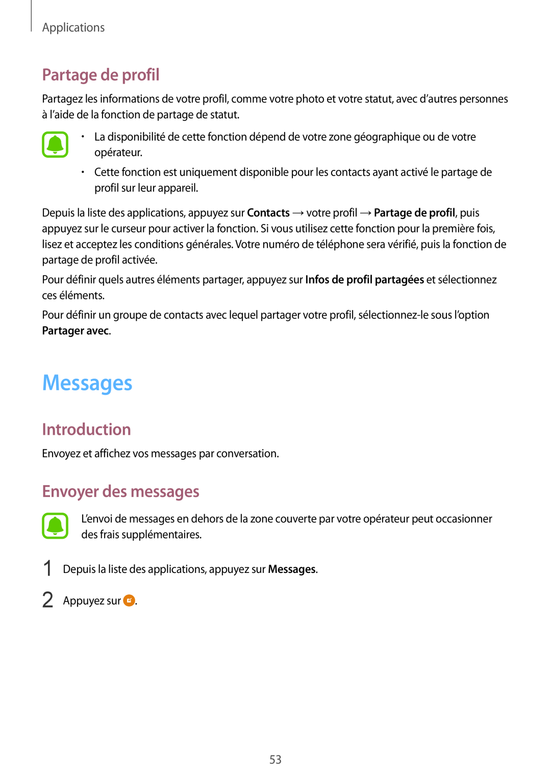 Samsung SM-G920FZKAXEF, SM-G920FZWAXEF manual Messages, Partage de profil, Envoyer des messages, Introduction, Applications 