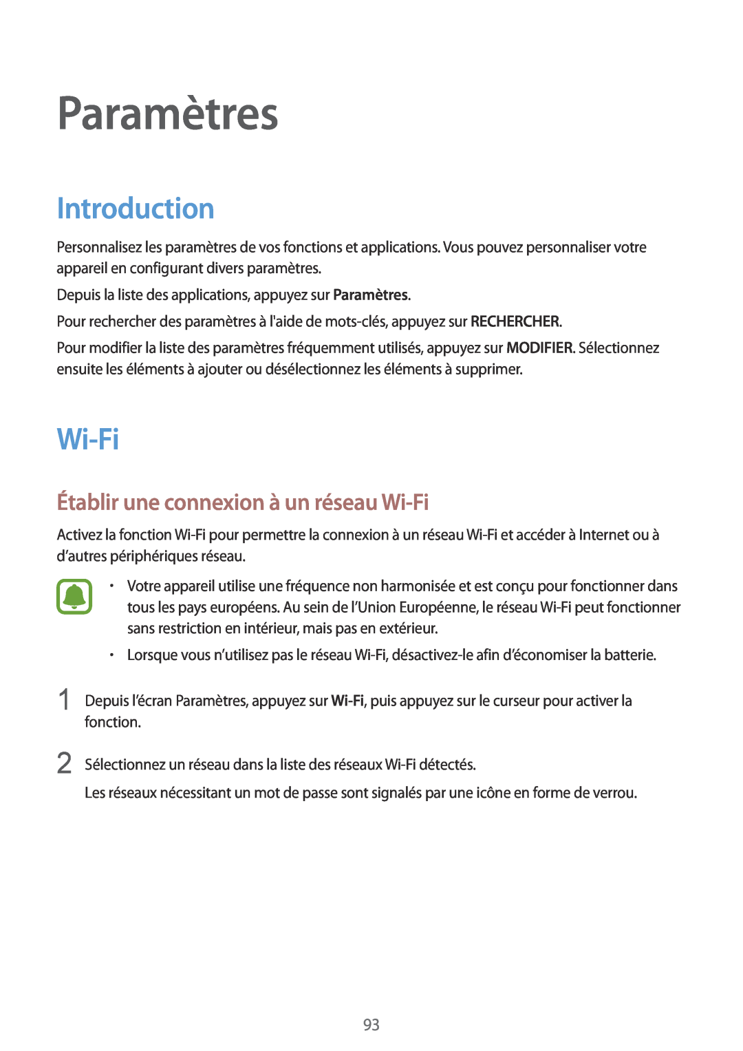 Samsung SM-G920FZKAXEF, SM-G920FZWAXEF manual Paramètres, Introduction, Établir une connexion à un réseau Wi-Fi 