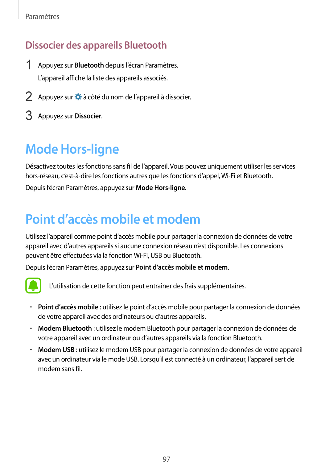 Samsung SM-G920FZKAXEF manual Mode Hors-ligne, Point d’accès mobile et modem, Dissocier des appareils Bluetooth, Paramètres 