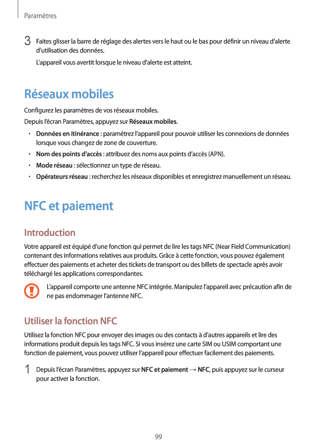 Samsung SM-G920FZDAXEF manual Réseaux mobiles, NFC et paiement, Utiliser la fonction NFC, Introduction, Paramètres 