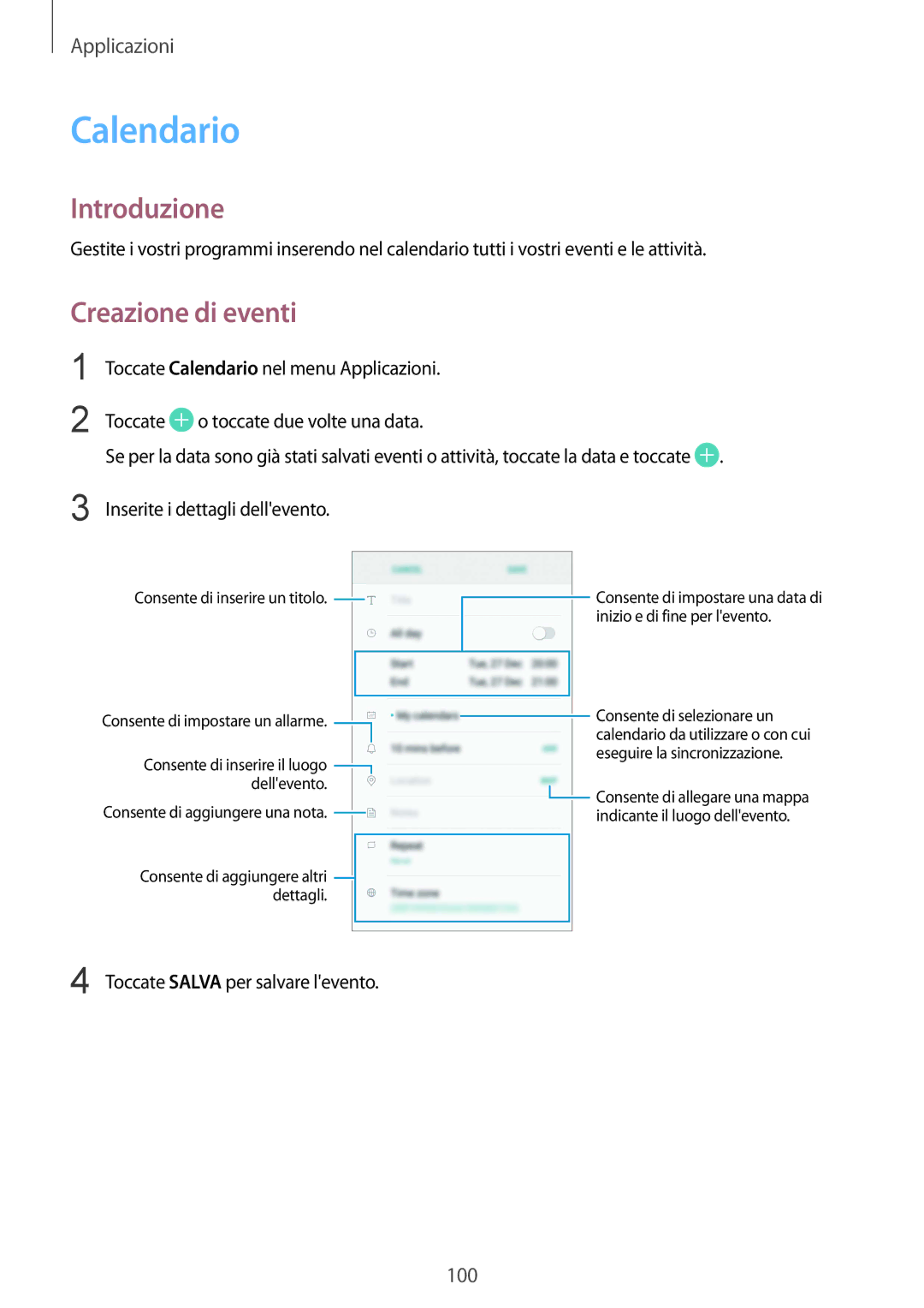 Samsung SM-G920FZKEITV, SM-G920FZWEITV, SM-G920FZBEITV, SM-G920FZKAITV, SM-G920FZWAITV manual Calendario, Creazione di eventi 