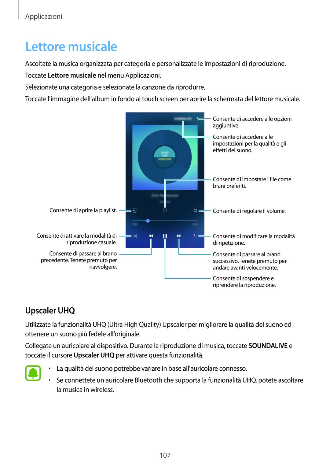 Samsung SM-G920FZKEITV, SM-G920FZWEITV, SM-G920FZBEITV, SM-G920FZKAITV, SM-G920FZWAITV manual Lettore musicale, Upscaler UHQ 