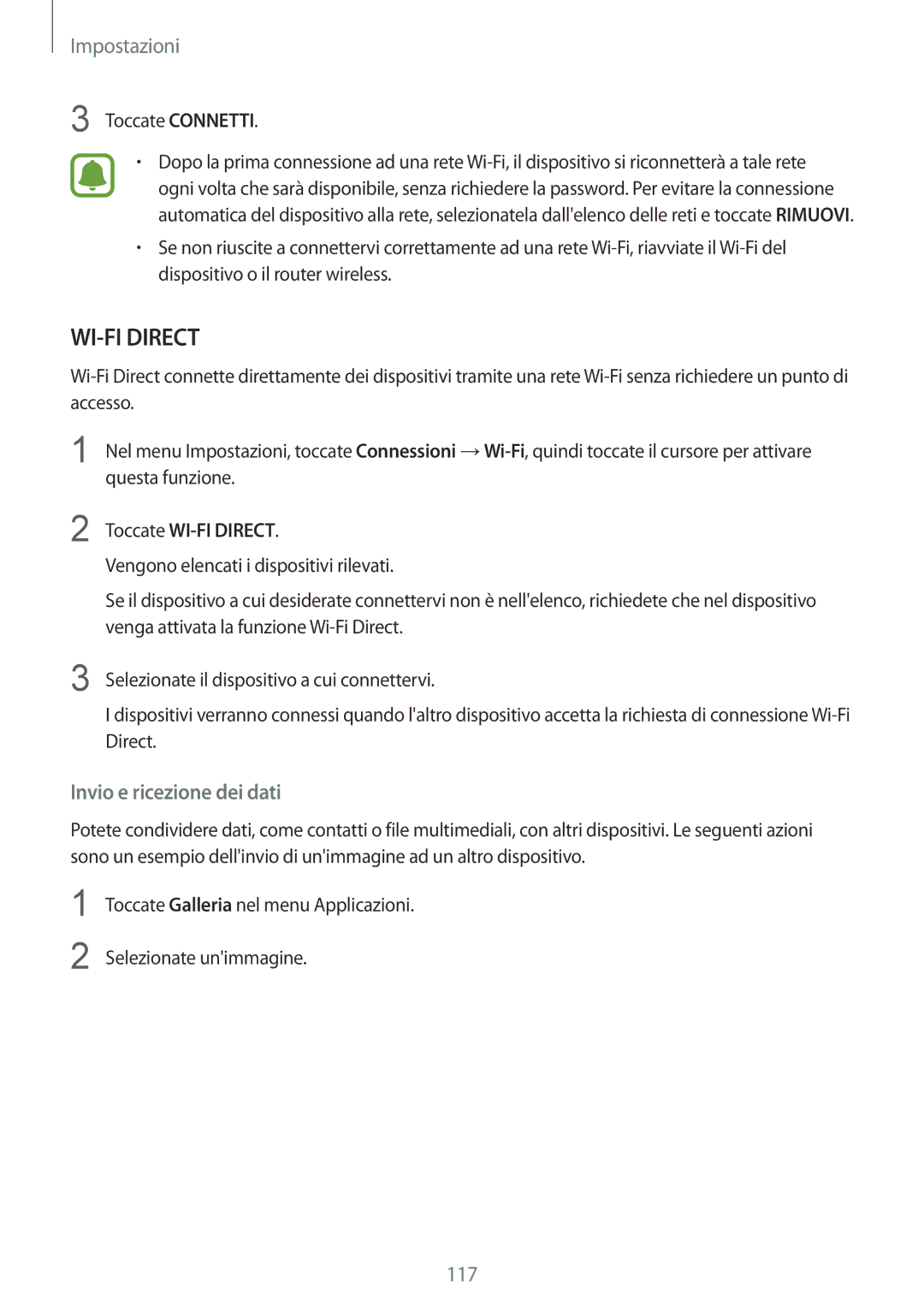 Samsung SM-G920FZDEITV, SM-G920FZWEITV, SM-G920FZBEITV, SM-G920FZKEITV manual Invio e ricezione dei dati, Toccate WI-FI Direct 