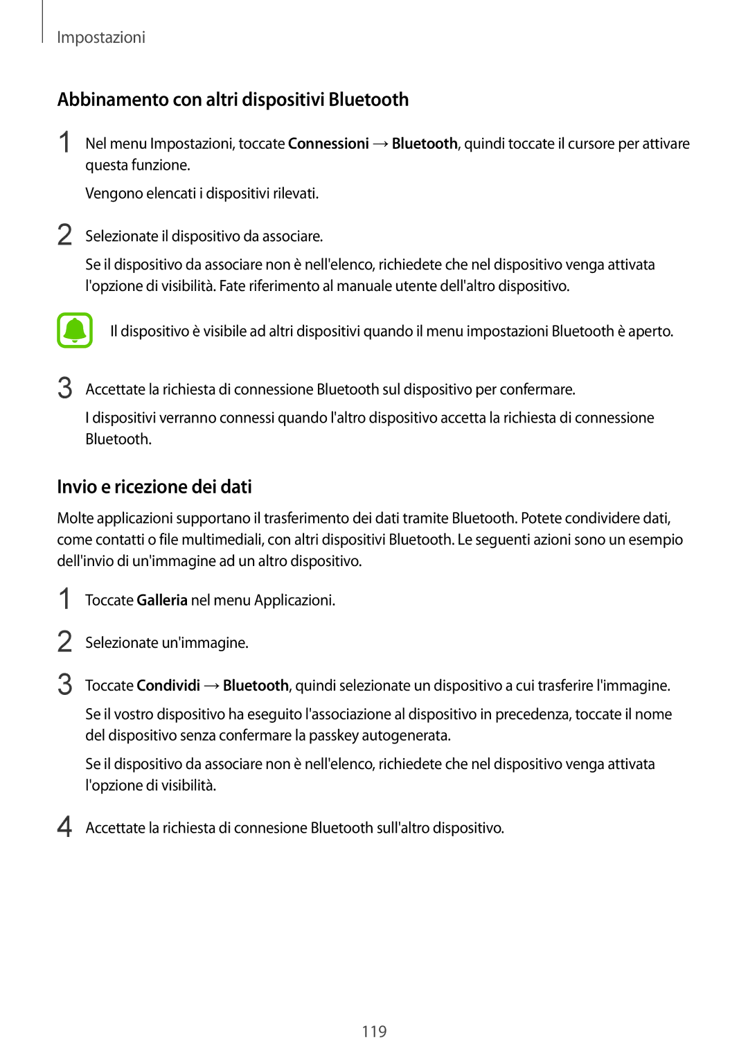 Samsung SM-G920FZWEITV, SM-G920FZBEITV manual Abbinamento con altri dispositivi Bluetooth, Invio e ricezione dei dati 