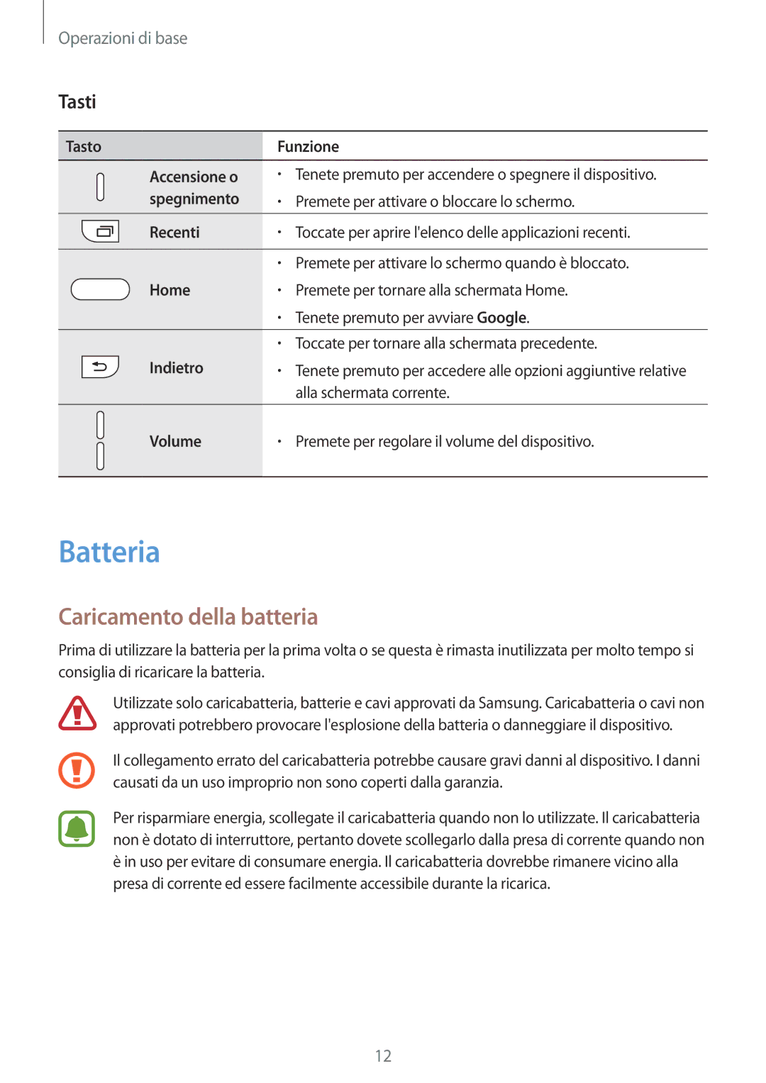 Samsung SM-G920FZDEITV, SM-G920FZWEITV, SM-G920FZBEITV, SM-G920FZKEITV manual Batteria, Caricamento della batteria, Tasti 