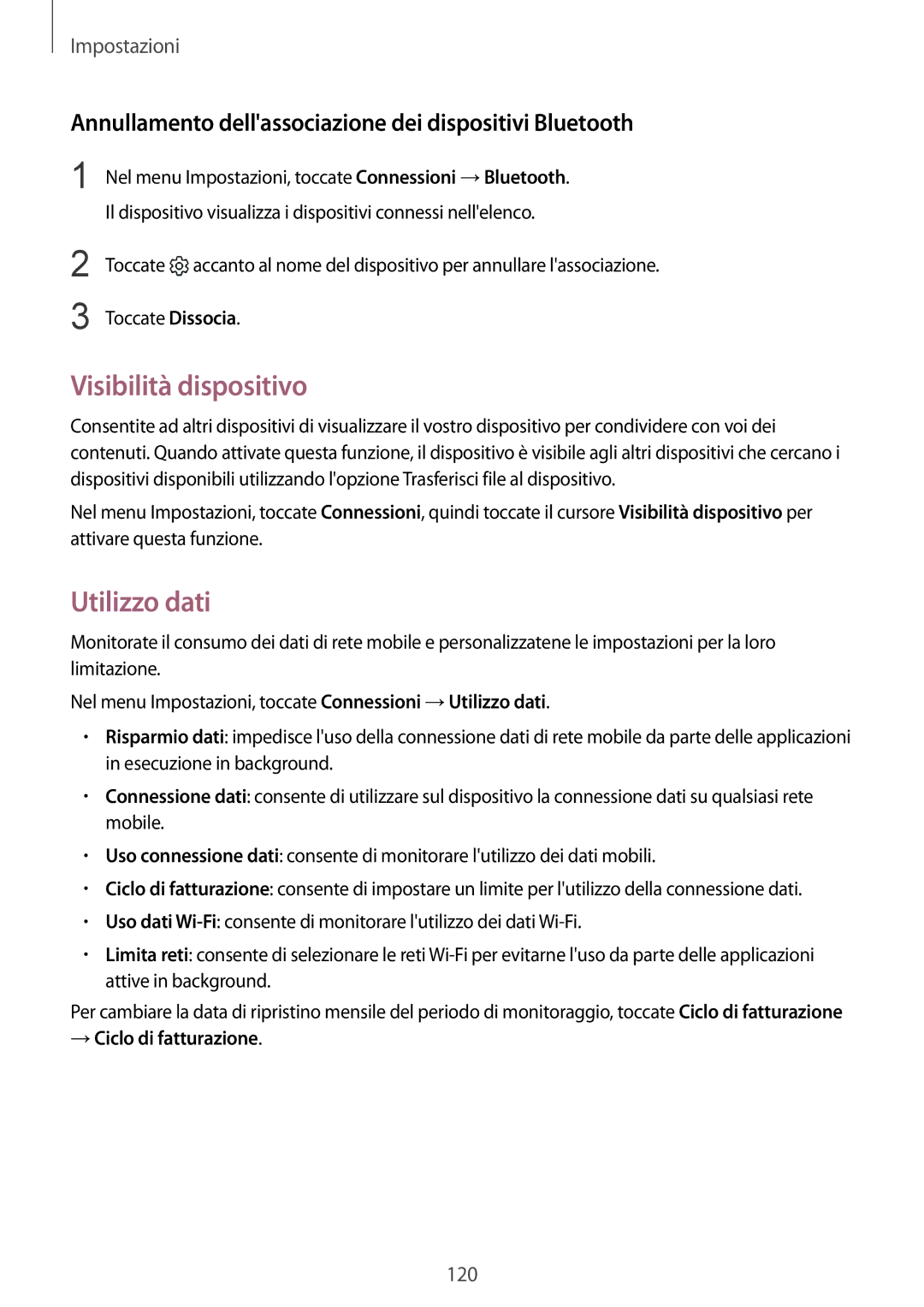 Samsung SM-G920FZBEITV Visibilità dispositivo, Utilizzo dati, Annullamento dellassociazione dei dispositivi Bluetooth 