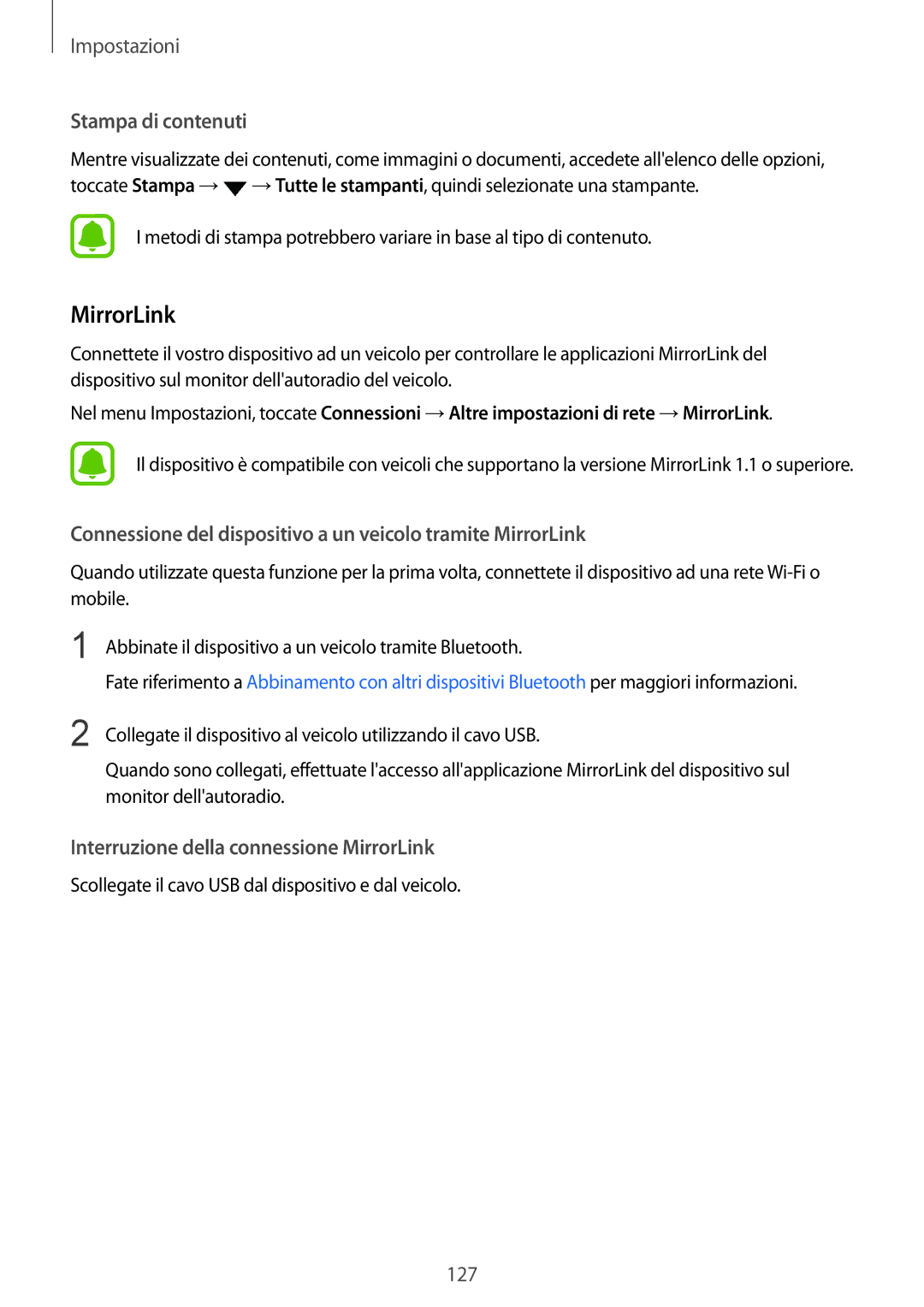 Samsung SM-G920FZBEITV manual Stampa di contenuti, Connessione del dispositivo a un veicolo tramite MirrorLink 