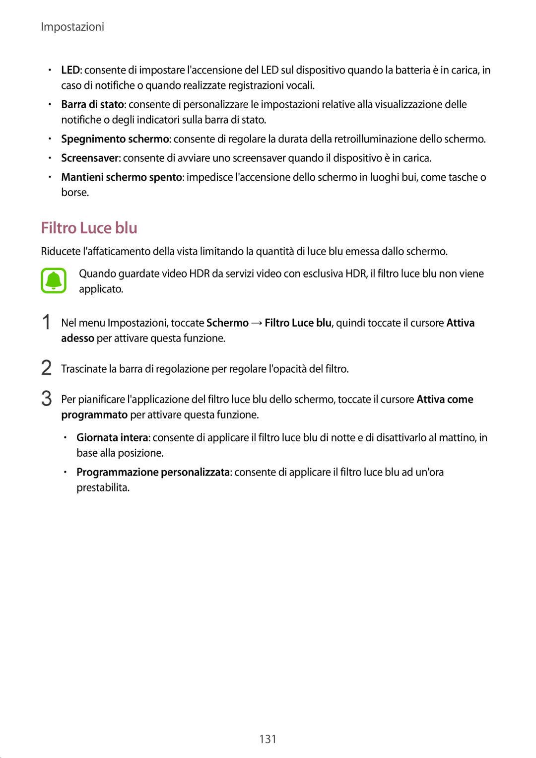 Samsung SM-G920FZDEITV, SM-G920FZWEITV, SM-G920FZBEITV, SM-G920FZKEITV, SM-G920FZKAITV, SM-G920FZWAITV manual Filtro Luce blu 