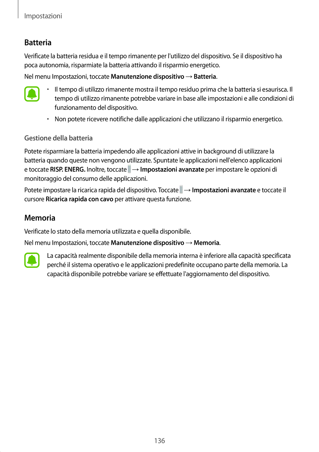 Samsung SM-G920FZKAITV, SM-G920FZWEITV, SM-G920FZBEITV, SM-G920FZKEITV manual Batteria, Memoria, Gestione della batteria 