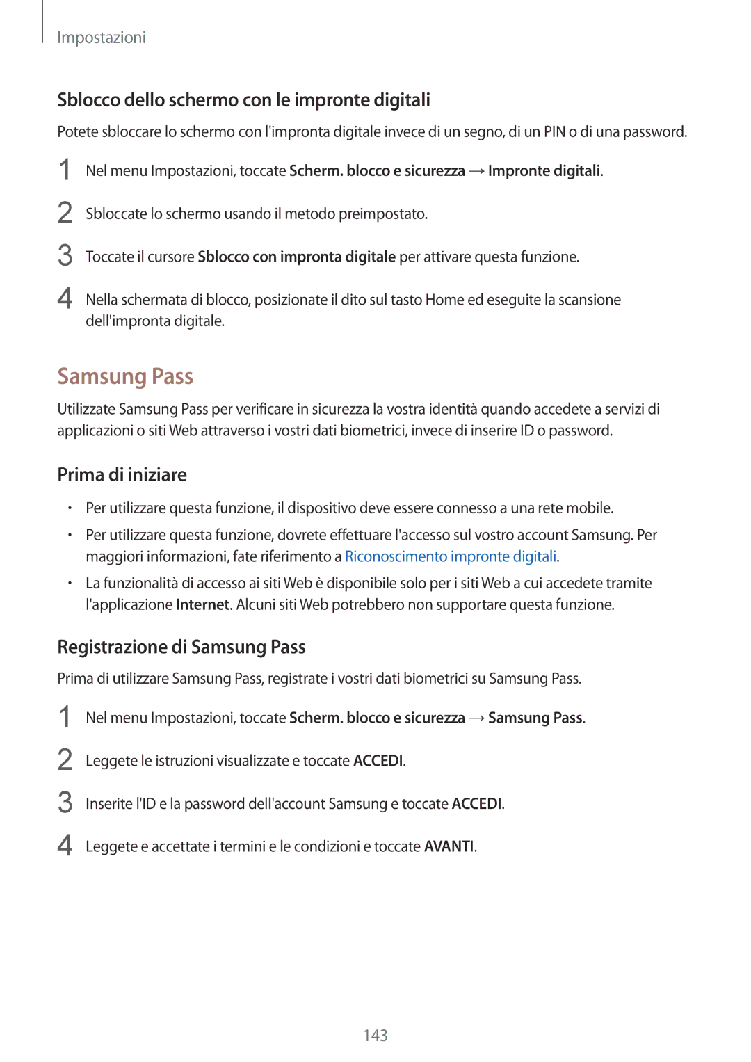Samsung SM-G920FZKAITV, SM-G920FZWEITV Sblocco dello schermo con le impronte digitali, Registrazione di Samsung Pass 