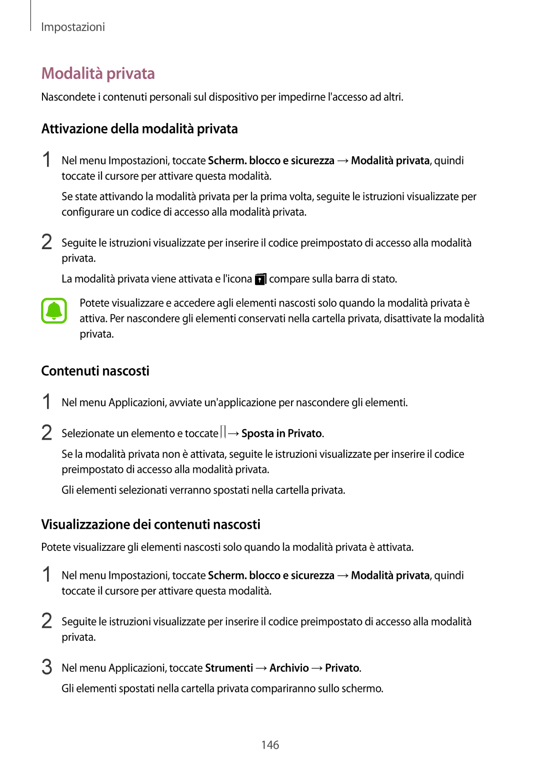 Samsung SM-G920FZDAITV, SM-G920FZWEITV manual Modalità privata, Attivazione della modalità privata, Contenuti nascosti 