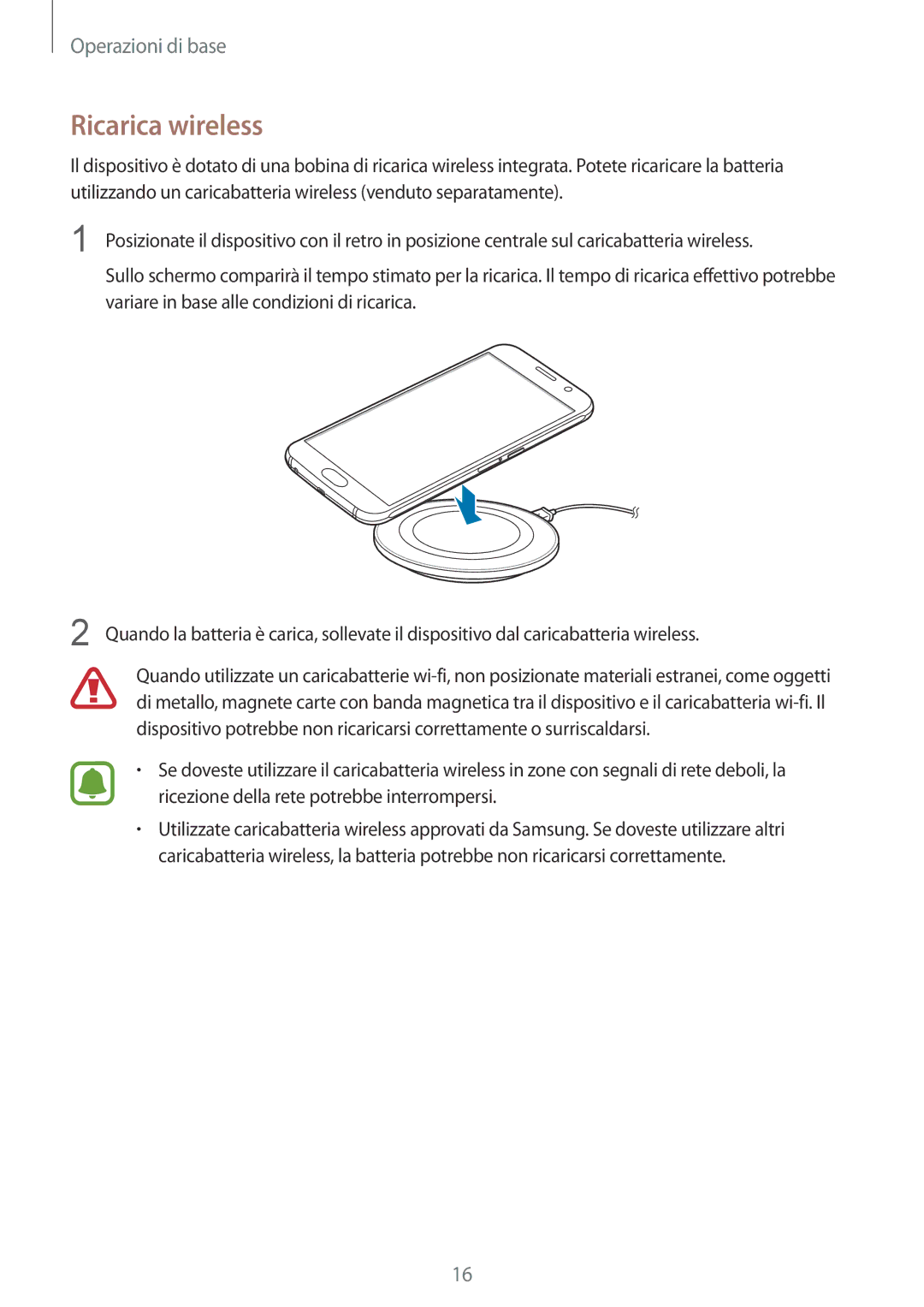 Samsung SM-G920FZKEITV, SM-G920FZWEITV, SM-G920FZBEITV, SM-G920FZKAITV, SM-G920FZWAITV, SM-G920FZDEITV manual Ricarica wireless 