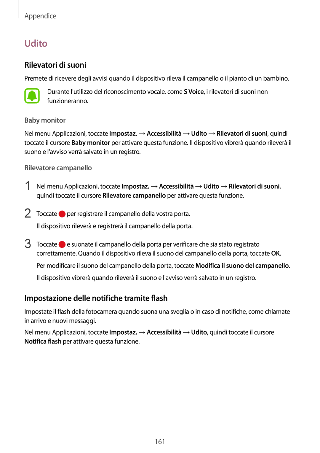 Samsung SM-G920FZWEITV manual Udito, Rilevatori di suoni, Impostazione delle notifiche tramite flash, Baby monitor 