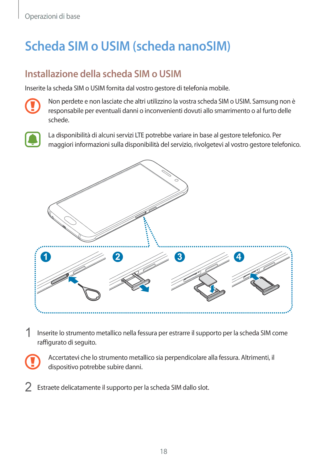 Samsung SM-G920FZWAITV, SM-G920FZWEITV manual Scheda SIM o Usim scheda nanoSIM, Installazione della scheda SIM o Usim 
