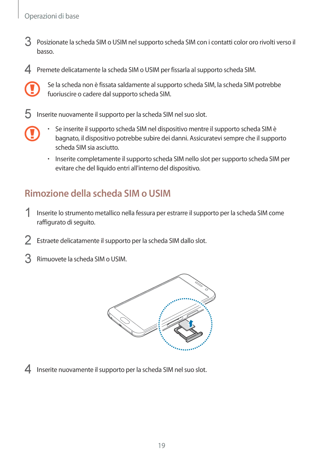 Samsung SM-G920FZDEITV, SM-G920FZWEITV, SM-G920FZBEITV, SM-G920FZKEITV, SM-G920FZKAITV manual Rimozione della scheda SIM o Usim 