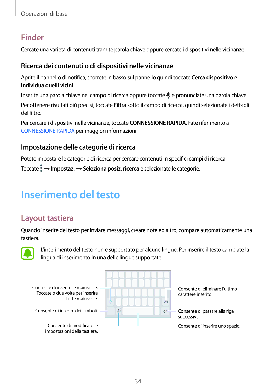 Samsung SM-G920FZDAITV manual Inserimento del testo, Finder, Layout tastiera, Impostazione delle categorie di ricerca 