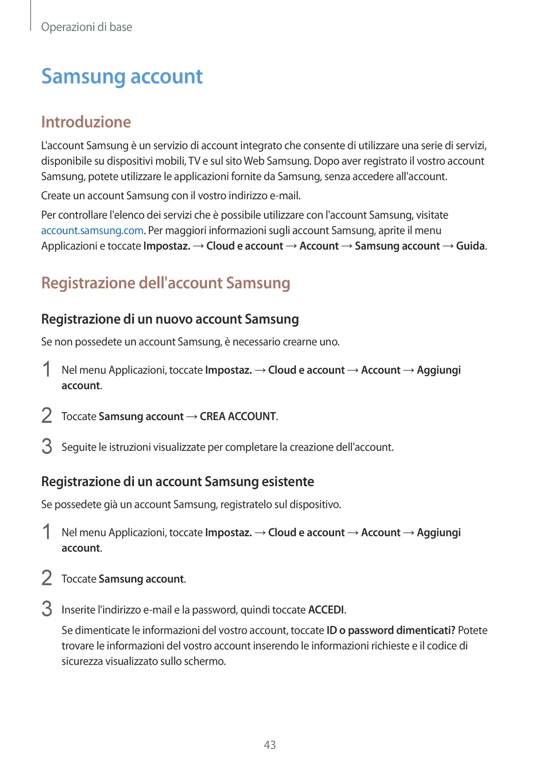 Samsung SM-G920FZBEITV manual Samsung account, Registrazione dellaccount Samsung, Registrazione di un nuovo account Samsung 