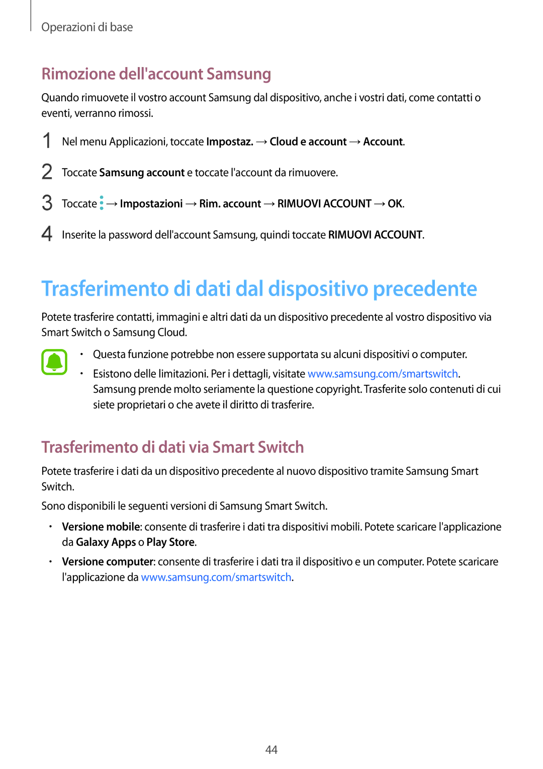 Samsung SM-G920FZKEITV, SM-G920FZWEITV manual Rimozione dellaccount Samsung, Trasferimento di dati via Smart Switch 