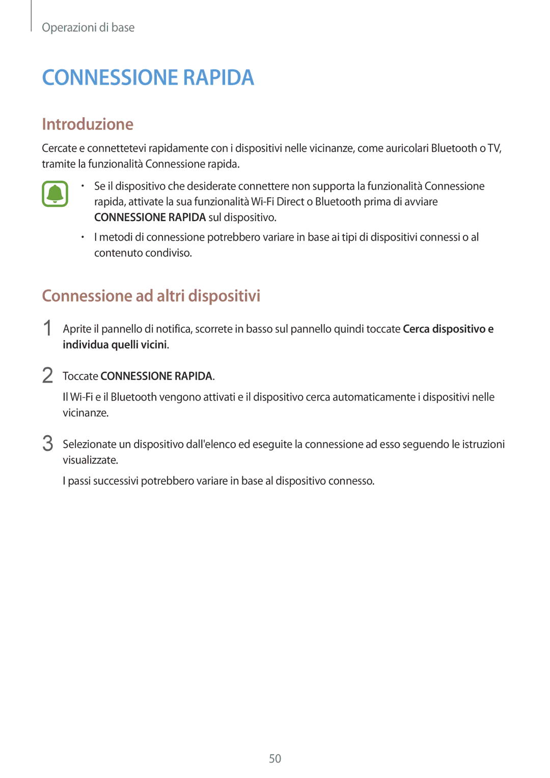 Samsung SM-G920FZBEITV manual Connessione ad altri dispositivi, Individua quelli vicini Toccate Connessione Rapida 