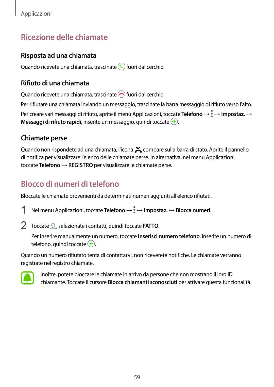 Samsung SM-G920FZKAITV Ricezione delle chiamate, Blocco di numeri di telefono, Risposta ad una chiamata, Chiamate perse 