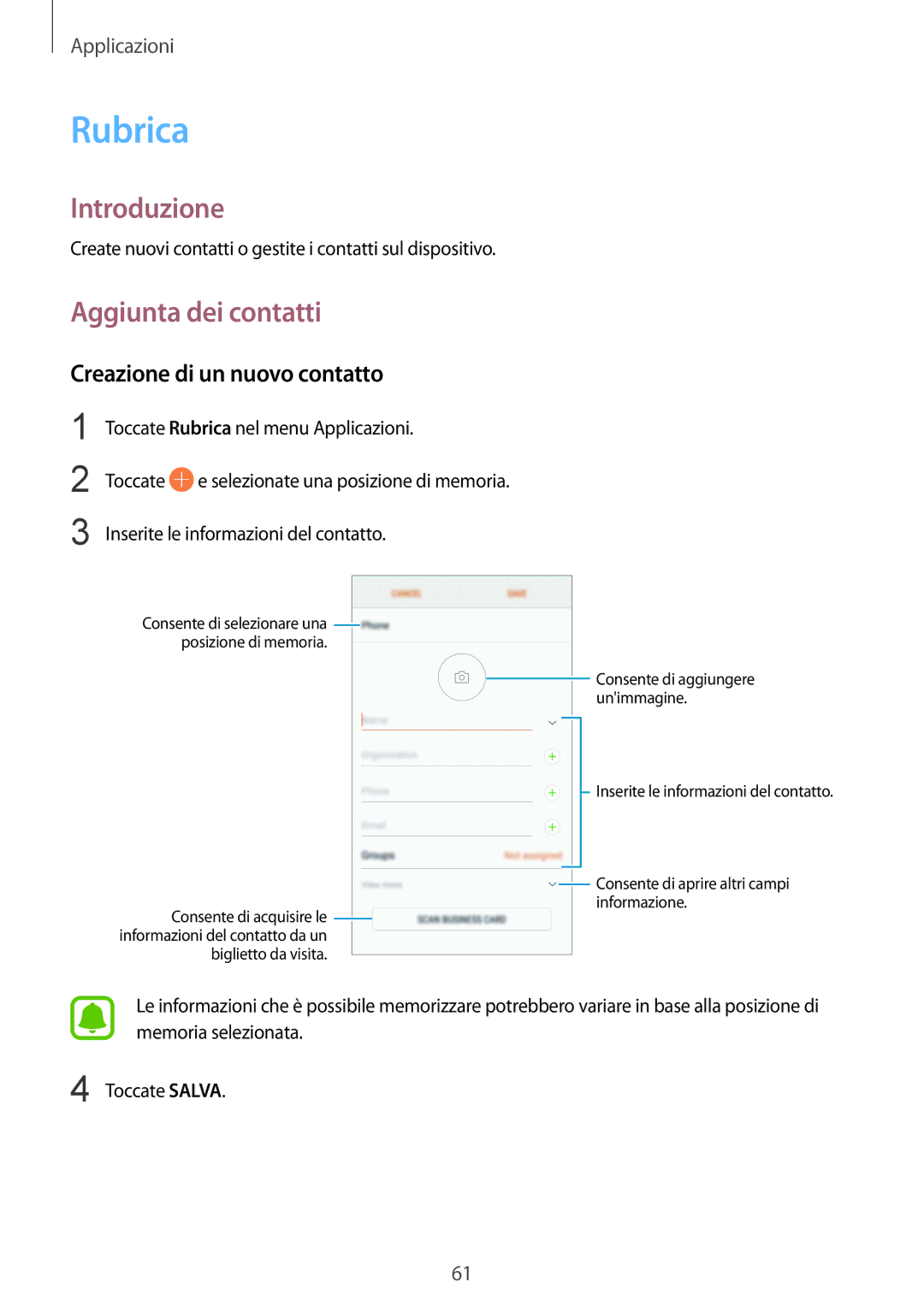 Samsung SM-G920FZDEITV, SM-G920FZWEITV, SM-G920FZBEITV manual Rubrica, Aggiunta dei contatti, Creazione di un nuovo contatto 