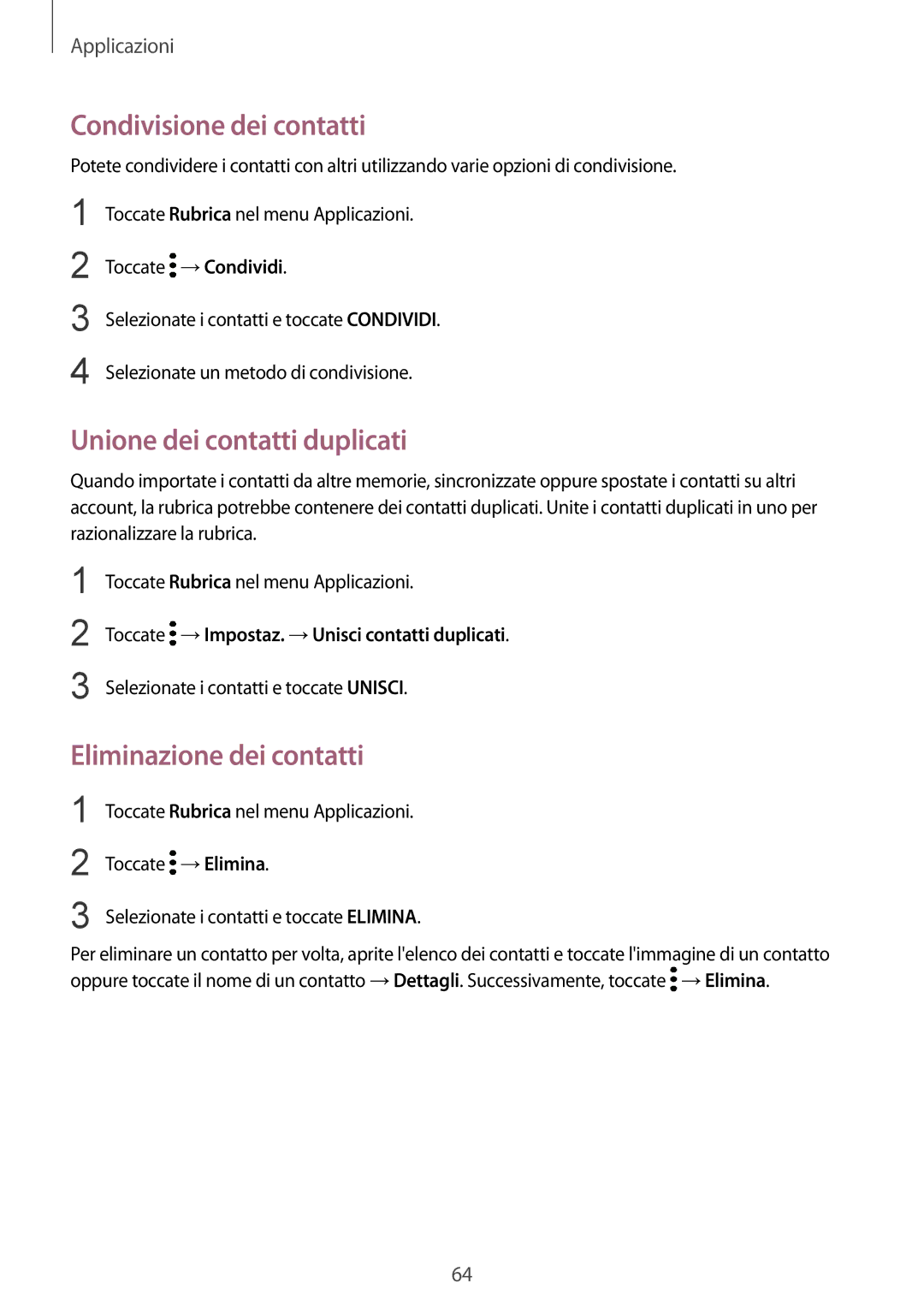 Samsung SM-G920FZBEITV, SM-G920FZWEITV Condivisione dei contatti, Unione dei contatti duplicati, Eliminazione dei contatti 