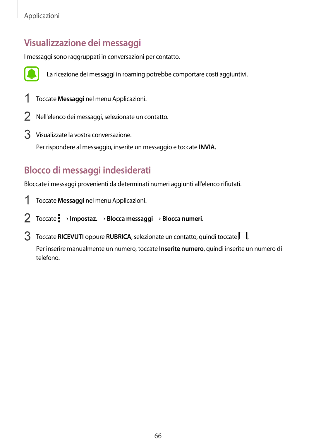 Samsung SM-G920FZKAITV, SM-G920FZWEITV, SM-G920FZBEITV manual Visualizzazione dei messaggi, Blocco di messaggi indesiderati 