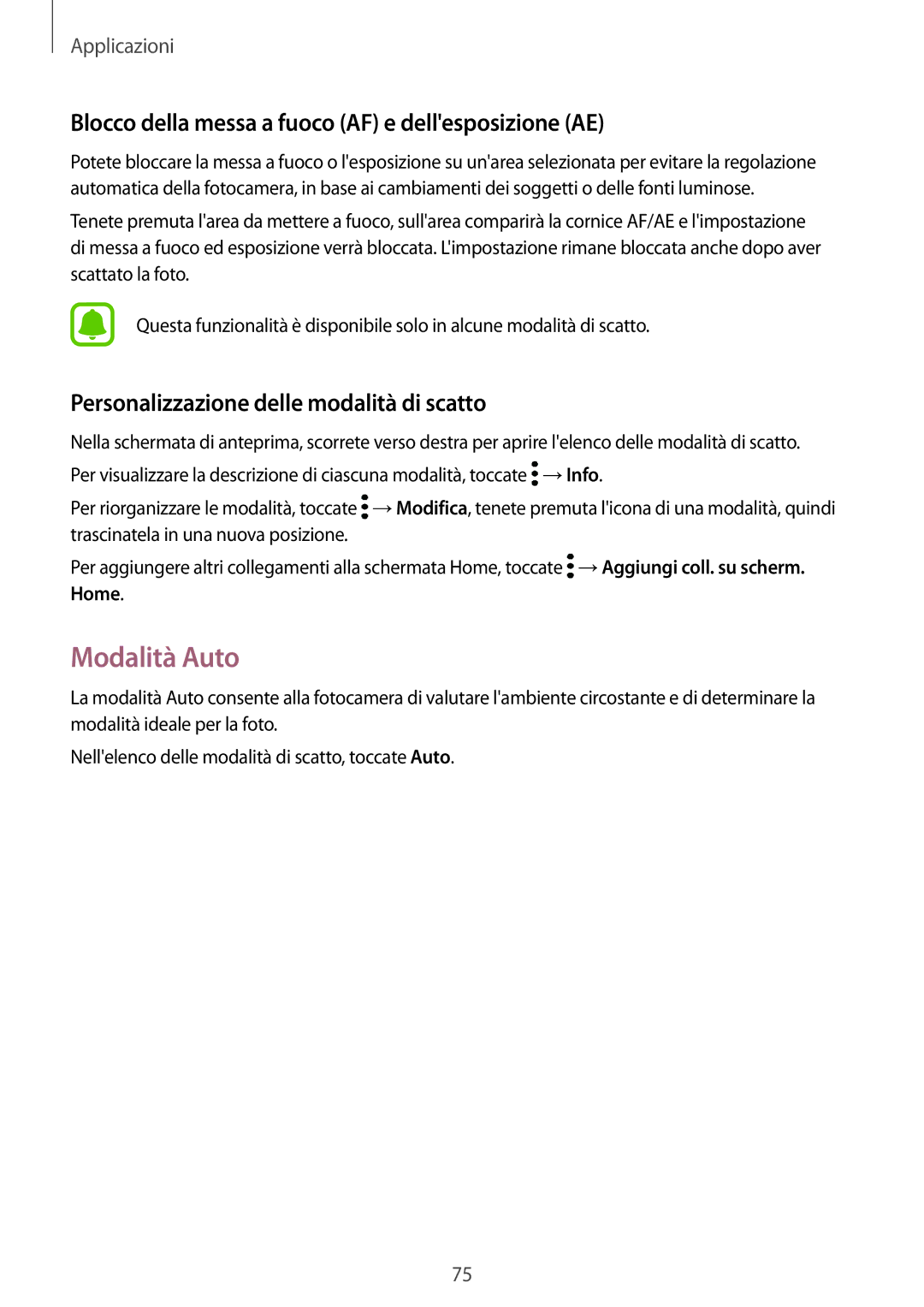 Samsung SM-G920FZDEITV, SM-G920FZWEITV, SM-G920FZBEITV Modalità Auto, Blocco della messa a fuoco AF e dellesposizione AE 