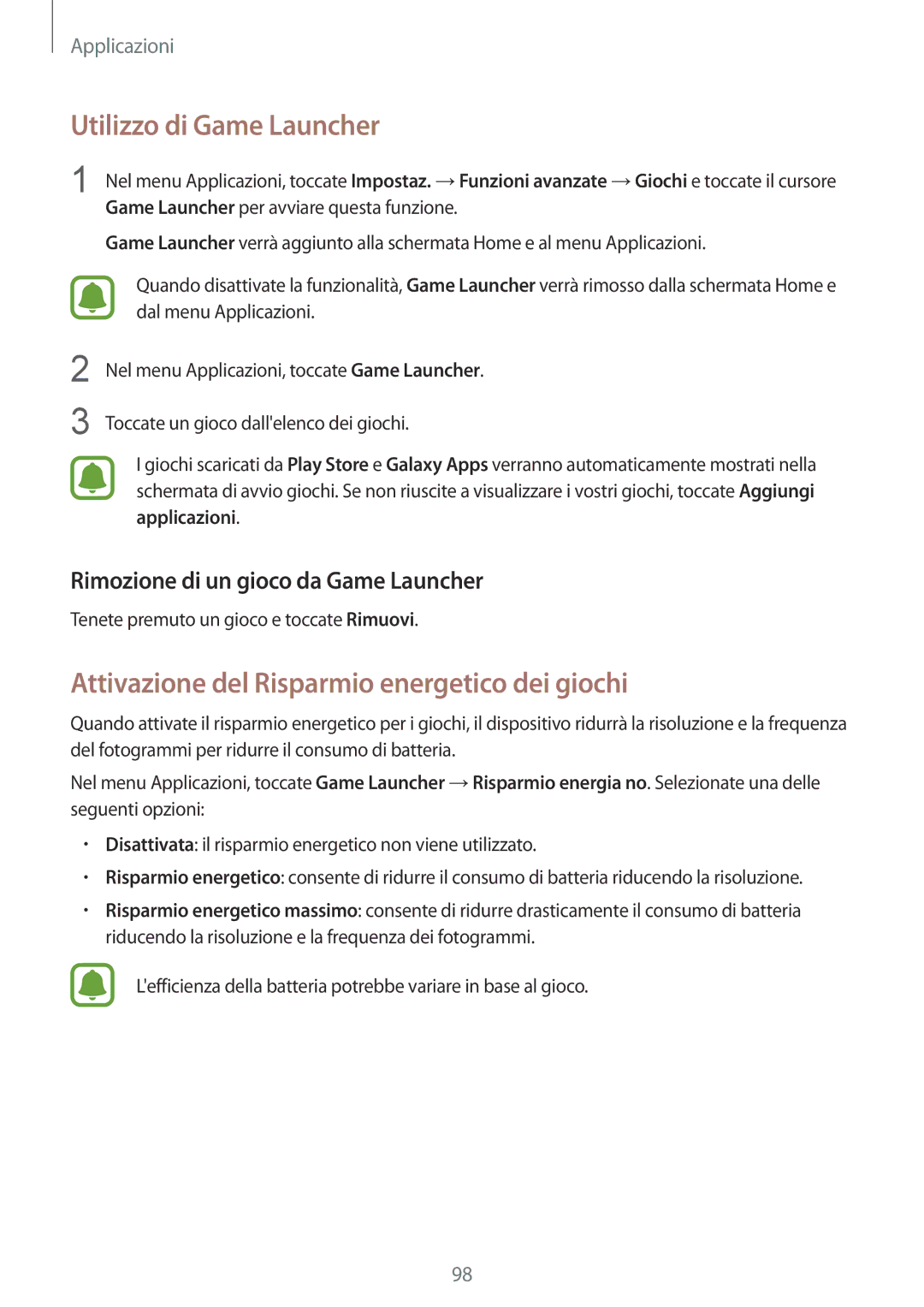 Samsung SM-G920FZWEITV, SM-G920FZBEITV manual Utilizzo di Game Launcher, Attivazione del Risparmio energetico dei giochi 
