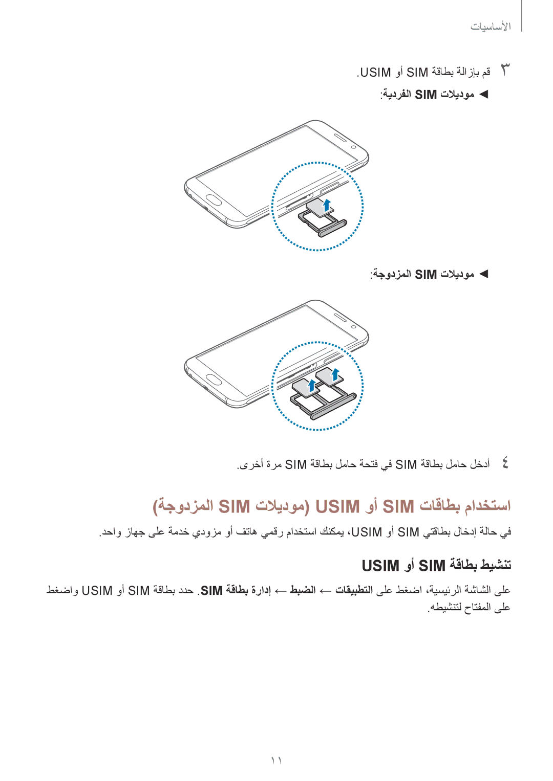 Samsung SM-G920XZWAKSA, SM-G920IZKAKSA manual ةجودزملا SIM تلايدوم Usim وأ SIM تاقاطب مادختسا, Usim وأ SIM ةقاطب طيشنت 