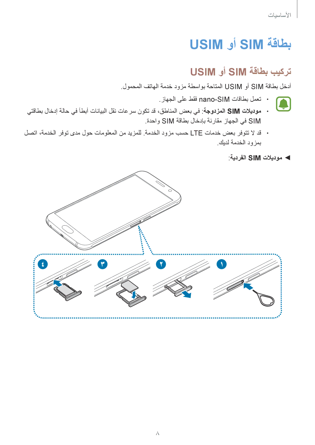 Samsung SM-G920XZKAKSA, SM-G920IZKAKSA, SM-G920XZDAKSA, SM-G920IZDAKSA manual Usim وأ SIM ةقاطب بيكرت, ةيدرفلا Sim تلايدوم 