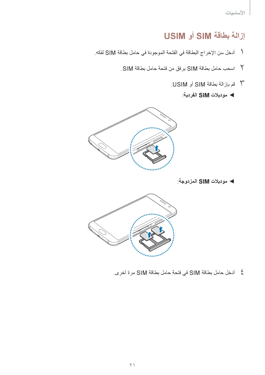 Samsung SM-G920FZKAKSA, SM-G920IZKAKSA, SM-G920XZDAKSA Usim وأ SIM ةقاطب ةلازإ, ةيدرفلا Sim تلايدوم ةجودزملا Sim تلايدوم 