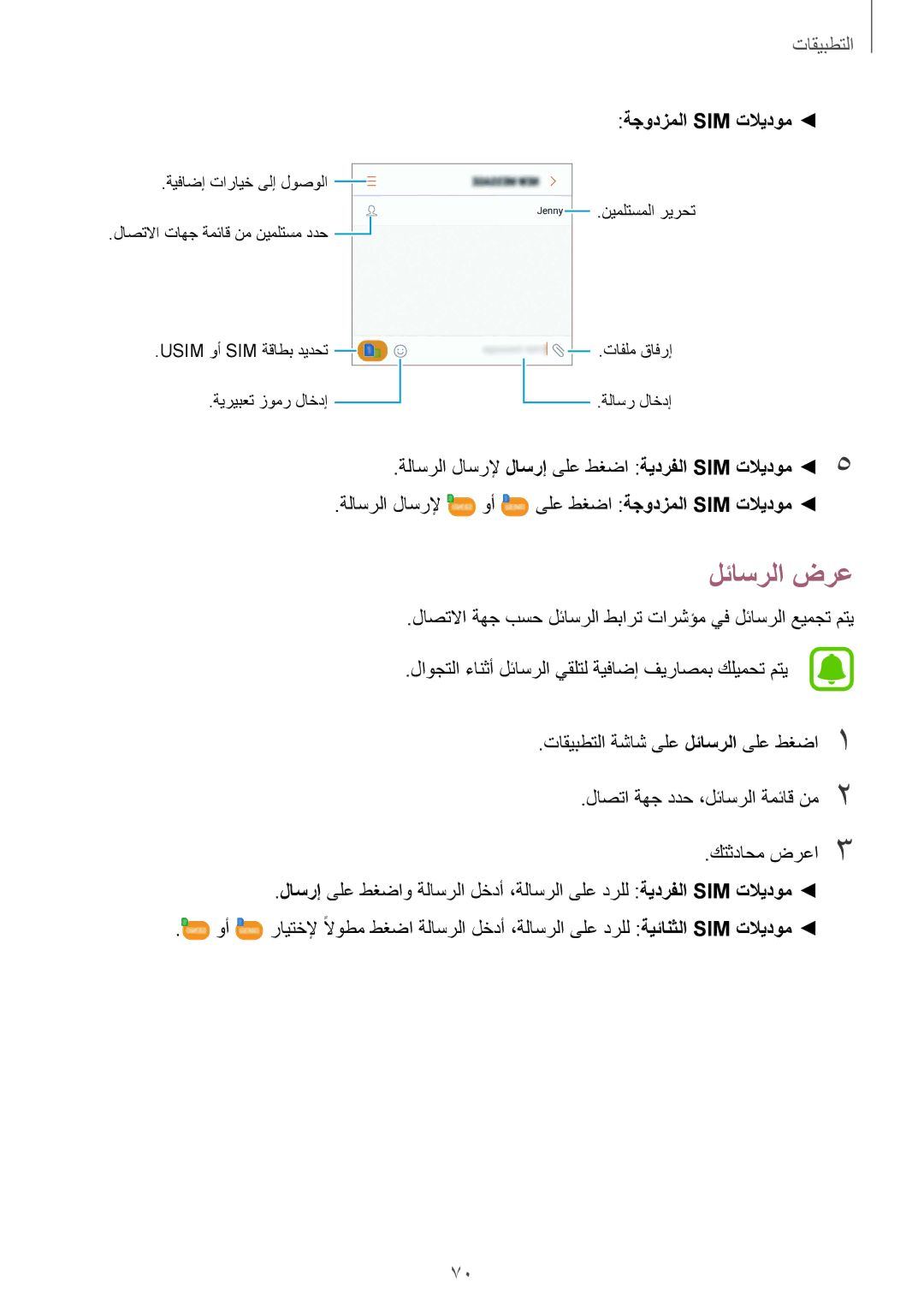 Samsung SM-G920IZBAKSA, SM-G920IZKAKSA, SM-G920XZDAKSA, SM-G920IZDAKSA, SM-G920IZWEKSA manual لئاسرلا ضرع, ةجودزملا Sim تلايدوم 