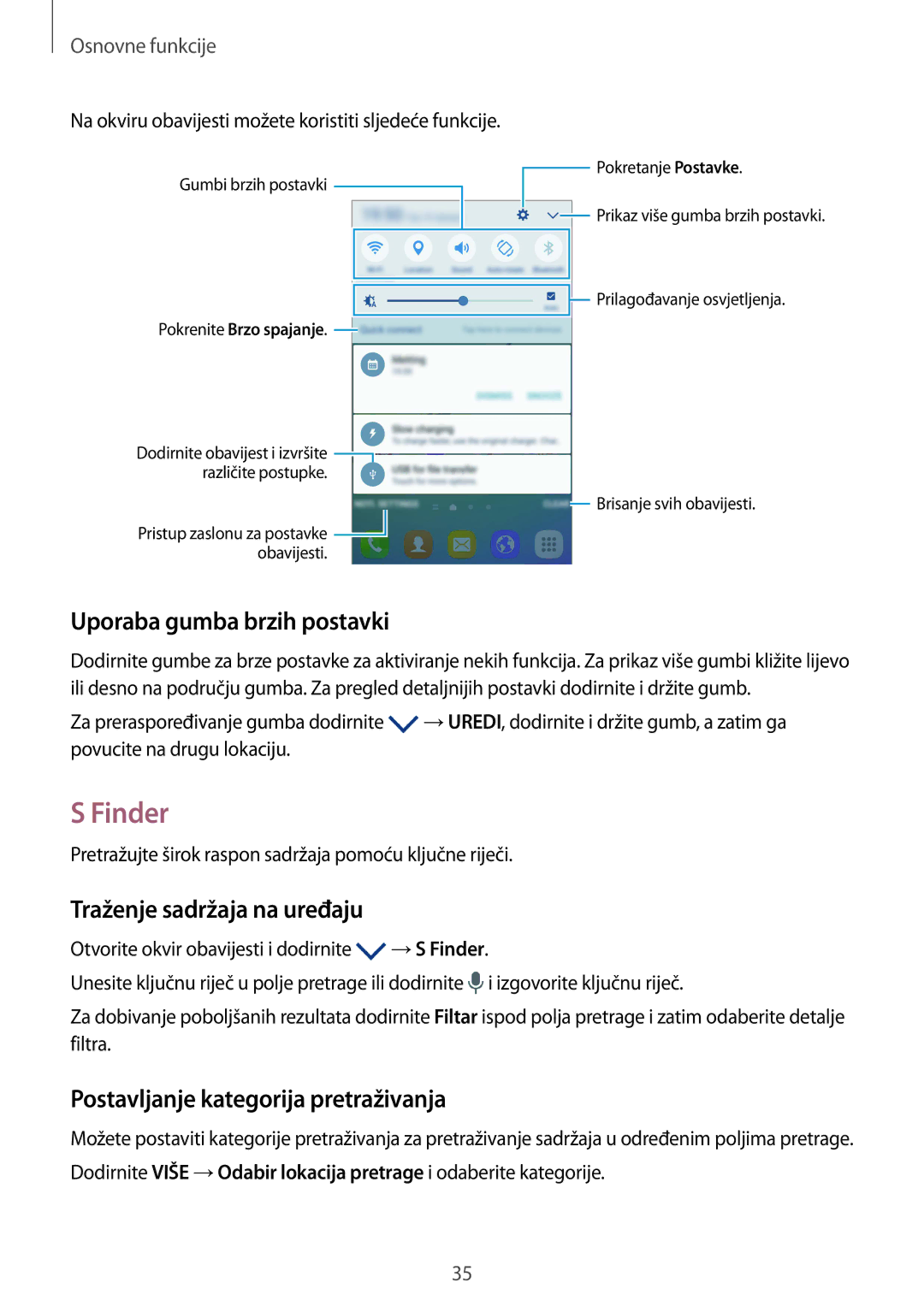 Samsung SM-G925FZKFSEE, SM-G925FZDASEE manual Finder, Uporaba gumba brzih postavki, Traženje sadržaja na uređaju 