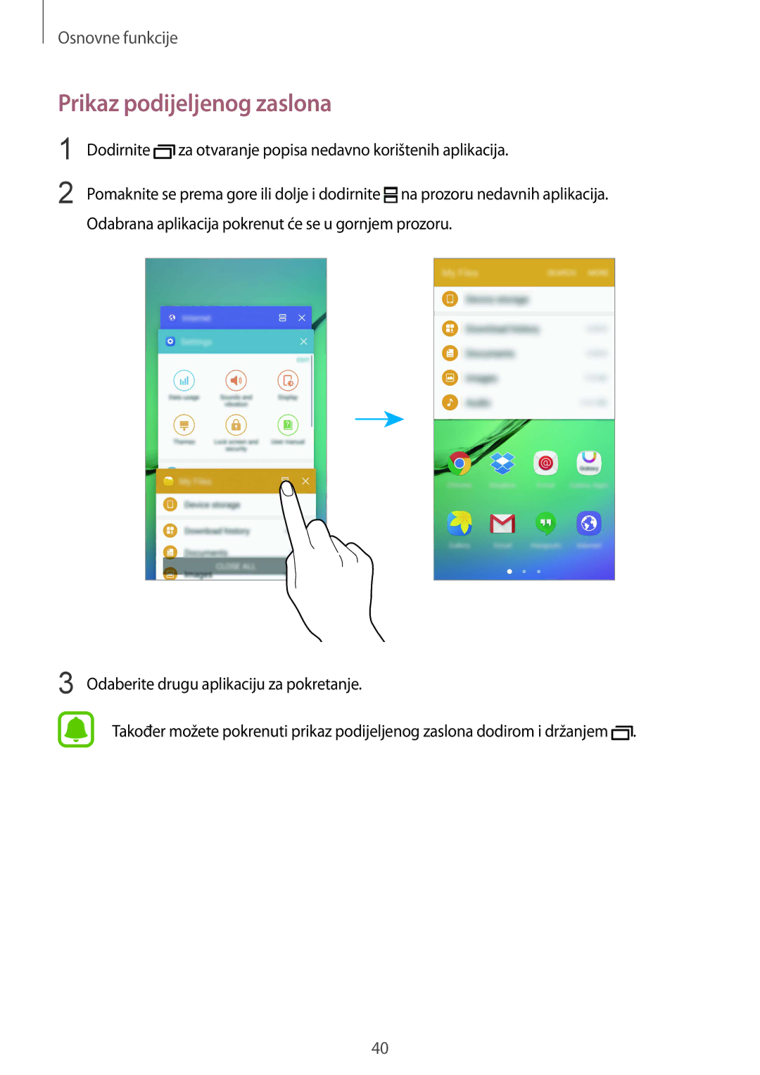 Samsung SM-G925FZDASEE, SM-G925FZKFSEE manual Prikaz podijeljenog zaslona 