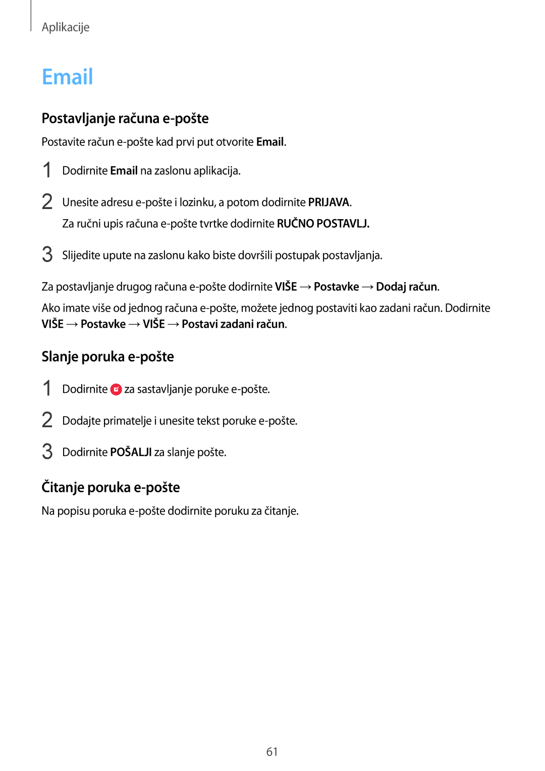 Samsung SM-G925FZKFSEE, SM-G925FZDASEE manual Postavljanje računa e-pošte, Slanje poruka e-pošte, Čitanje poruka e-pošte 