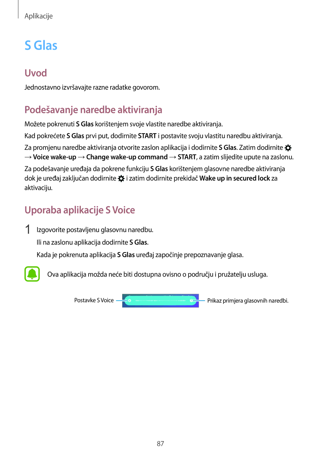 Samsung SM-G925FZKFSEE, SM-G925FZDASEE manual Glas, Podešavanje naredbe aktiviranja, Uporaba aplikacije S Voice 