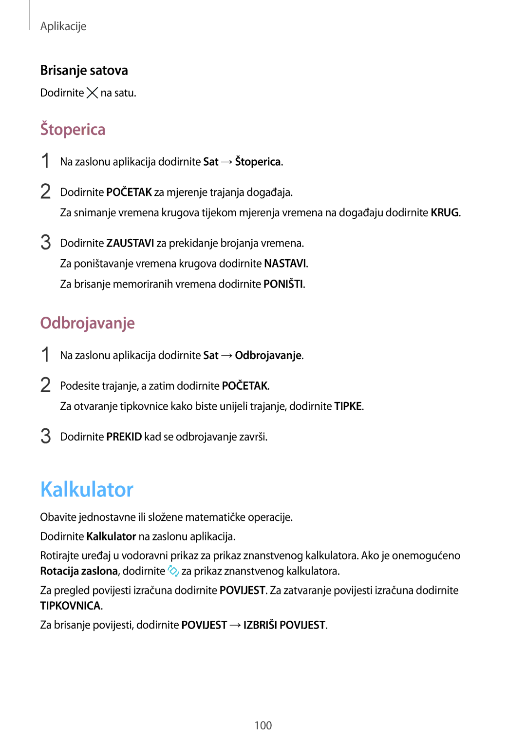 Samsung SM-G925FZDASEE, SM-G925FZKFSEE manual Kalkulator, Štoperica, Odbrojavanje, Brisanje satova 