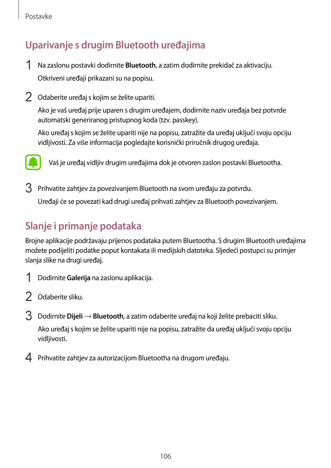 Samsung SM-G925FZDASEE, SM-G925FZKFSEE manual Uparivanje s drugim Bluetooth uređajima, Slanje i primanje podataka 