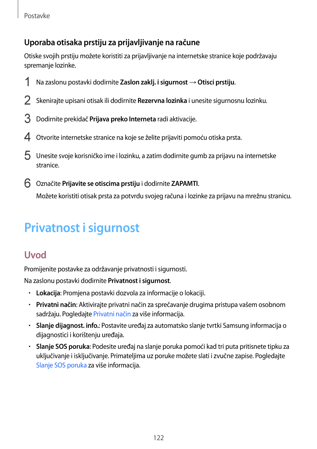 Samsung SM-G925FZDASEE, SM-G925FZKFSEE manual Privatnost i sigurnost, Uporaba otisaka prstiju za prijavljivanje na račune 