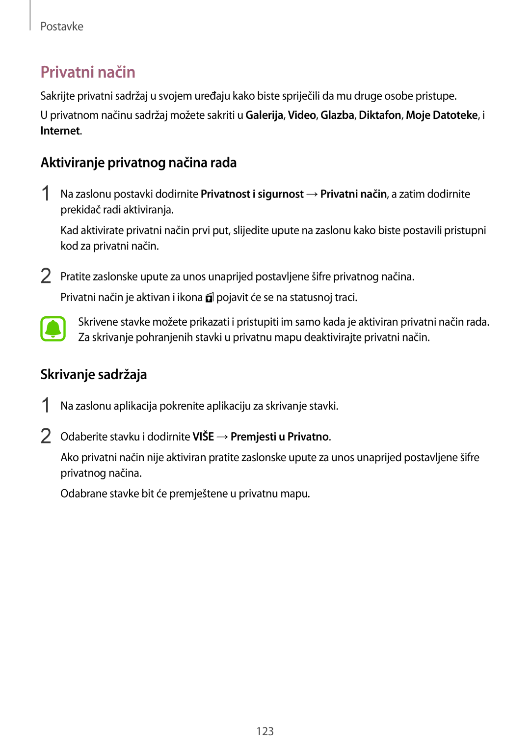 Samsung SM-G925FZKFSEE, SM-G925FZDASEE manual Privatni način, Aktiviranje privatnog načina rada, Skrivanje sadržaja 