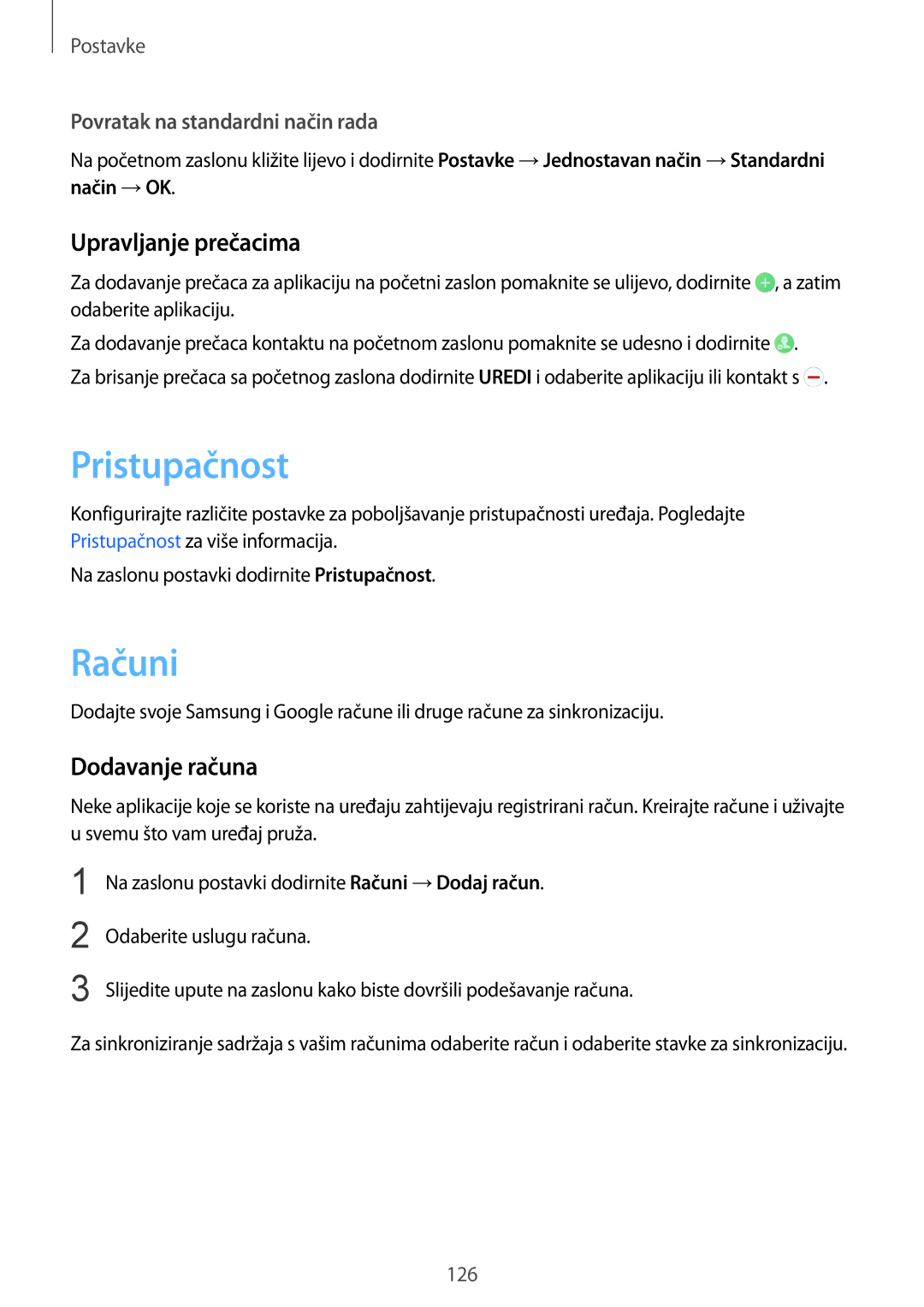 Samsung SM-G925FZDASEE, SM-G925FZKFSEE manual Pristupačnost, Računi, Upravljanje prečacima, Dodavanje računa 