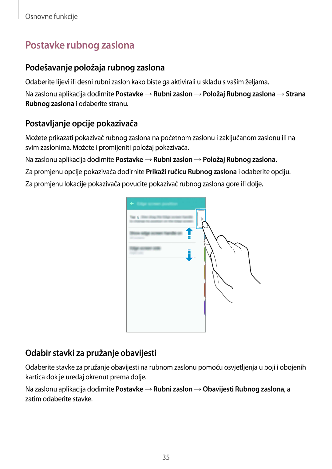 Samsung SM-G925FZKFSEE manual Postavke rubnog zaslona, Podešavanje položaja rubnog zaslona, Postavljanje opcije pokazivača 