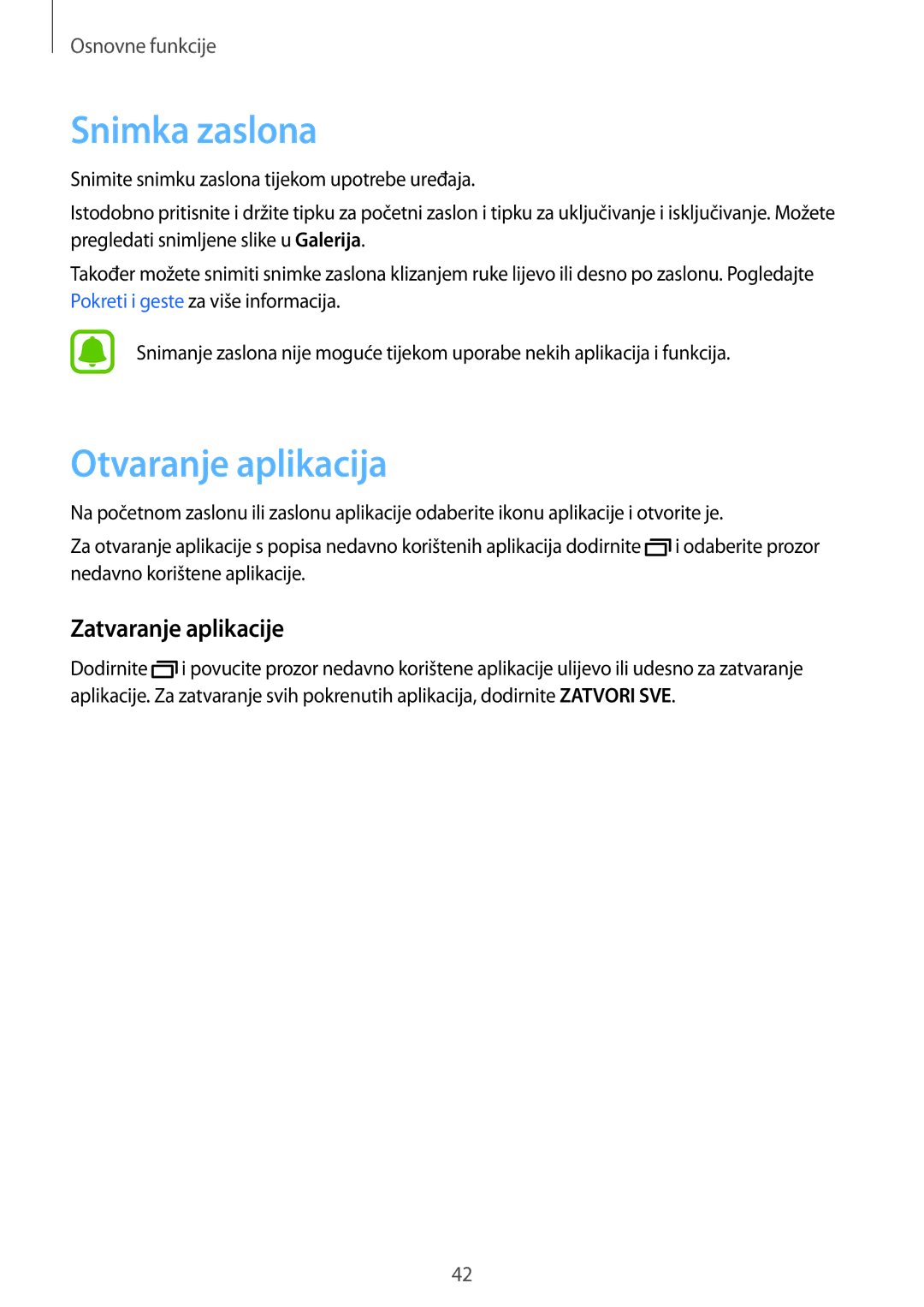 Samsung SM-G925FZDASEE, SM-G925FZKFSEE manual Snimka zaslona, Otvaranje aplikacija, Zatvaranje aplikacije 