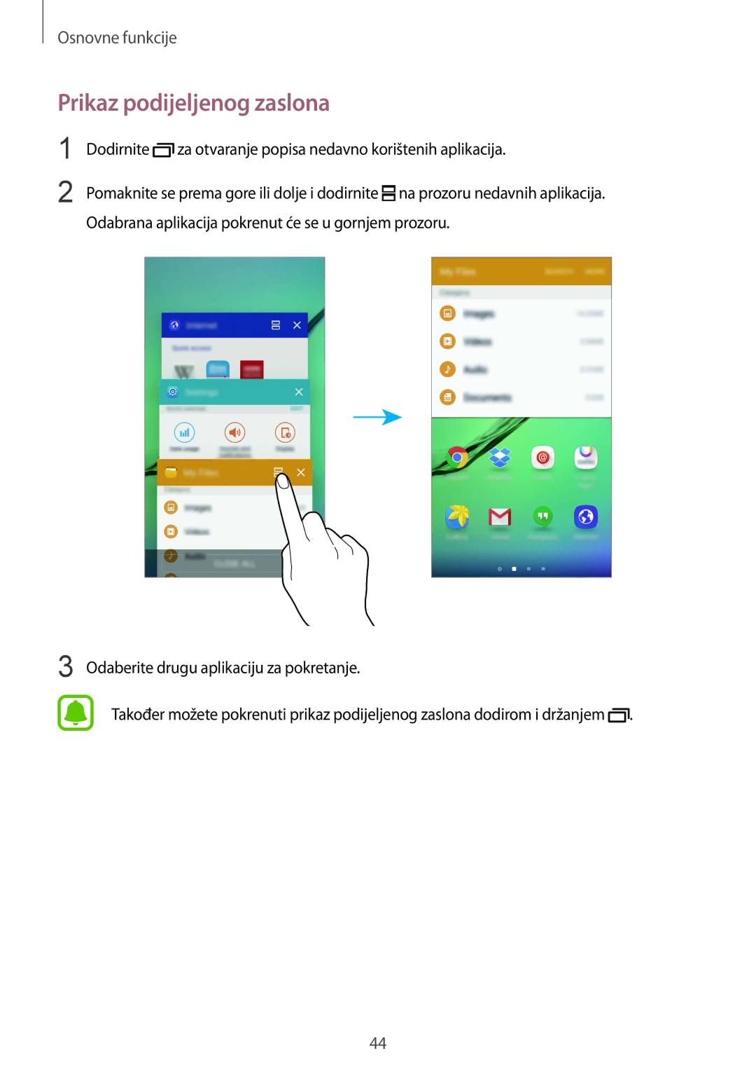 Samsung SM-G925FZDASEE, SM-G925FZKFSEE manual Prikaz podijeljenog zaslona 